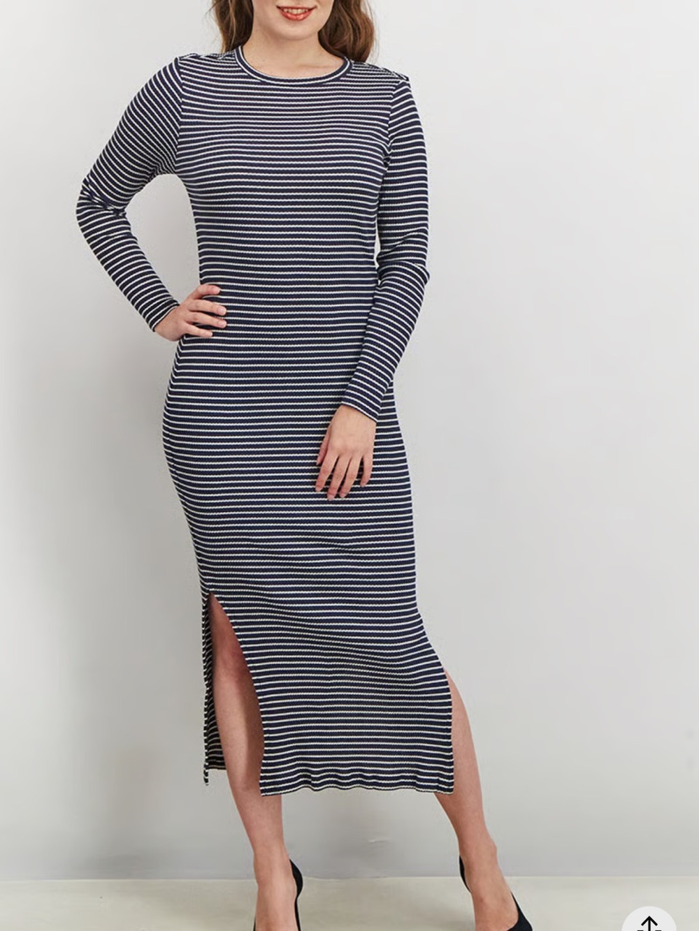 French Connection Ribbed Stripe Midi Dress in Navy Blue and Cream. Women’s M